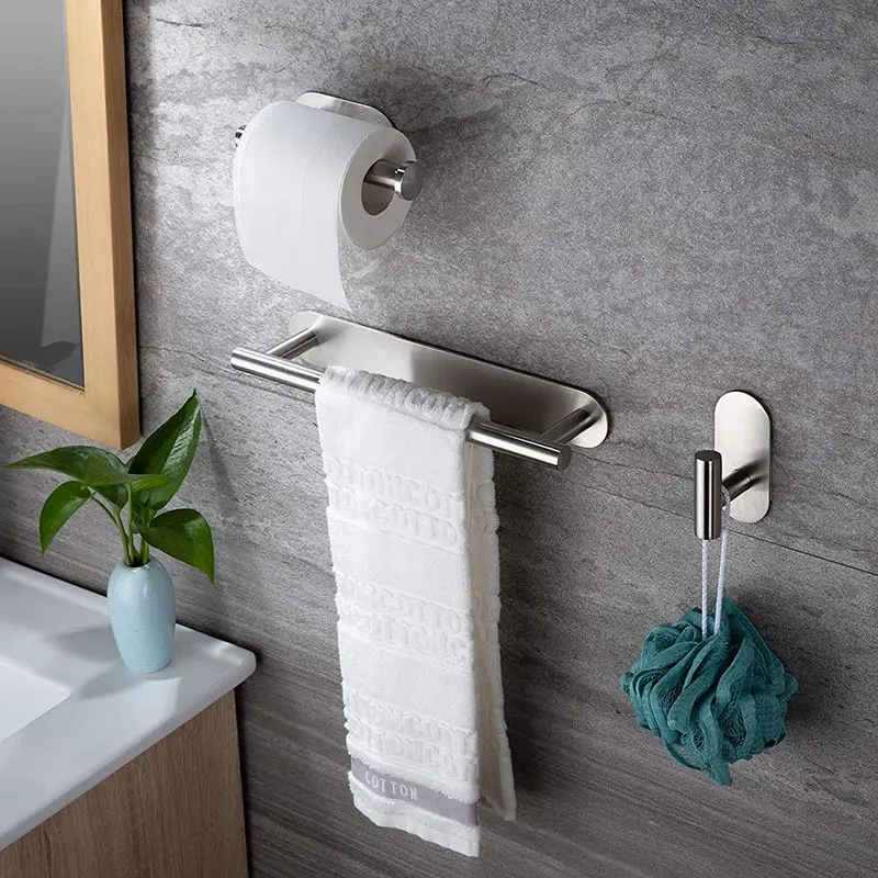 3PCS Bathroom Hardware Sets Stainless Steel Self Adhesive Towel Bar Toilet Roll Paper Holder Shower Hooks Clothes Towel Hanger