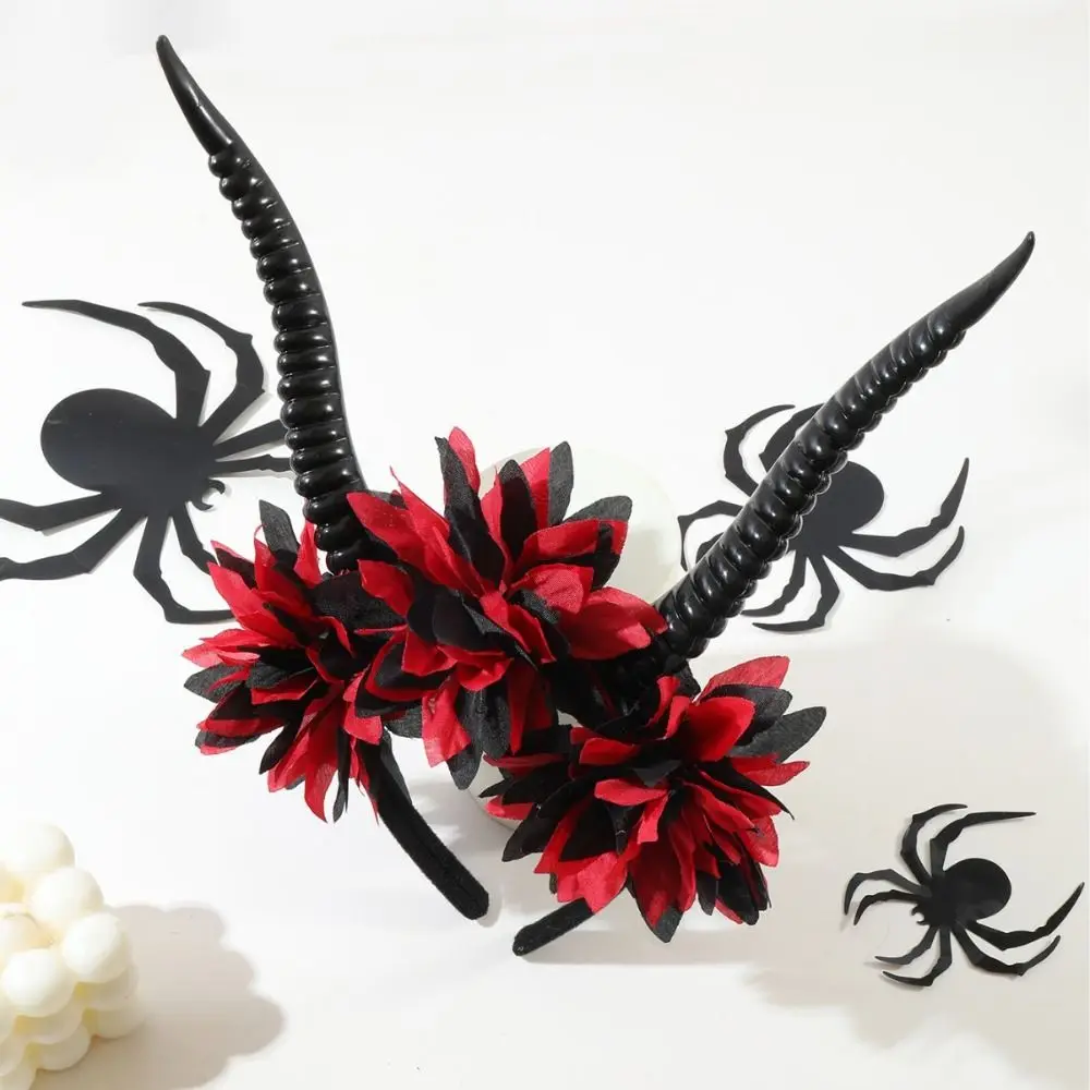 

Exaggerate Demon's Horn Headband Evil Queen Simulation Flowers Gothic Headpiece Festival Decorative Witch Hair Accessories