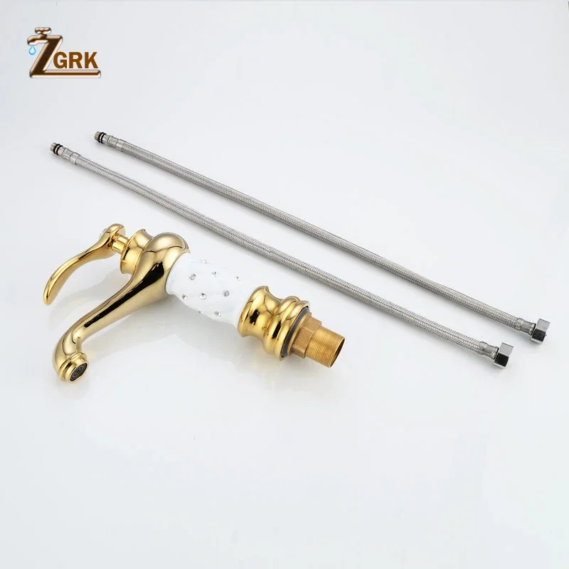 ZGRK Basin Faucets Golden Bathroom Sink Faucet Creative Design Crystal Deck Mounted Hot and Cold Water Single Hole Mixer Taps