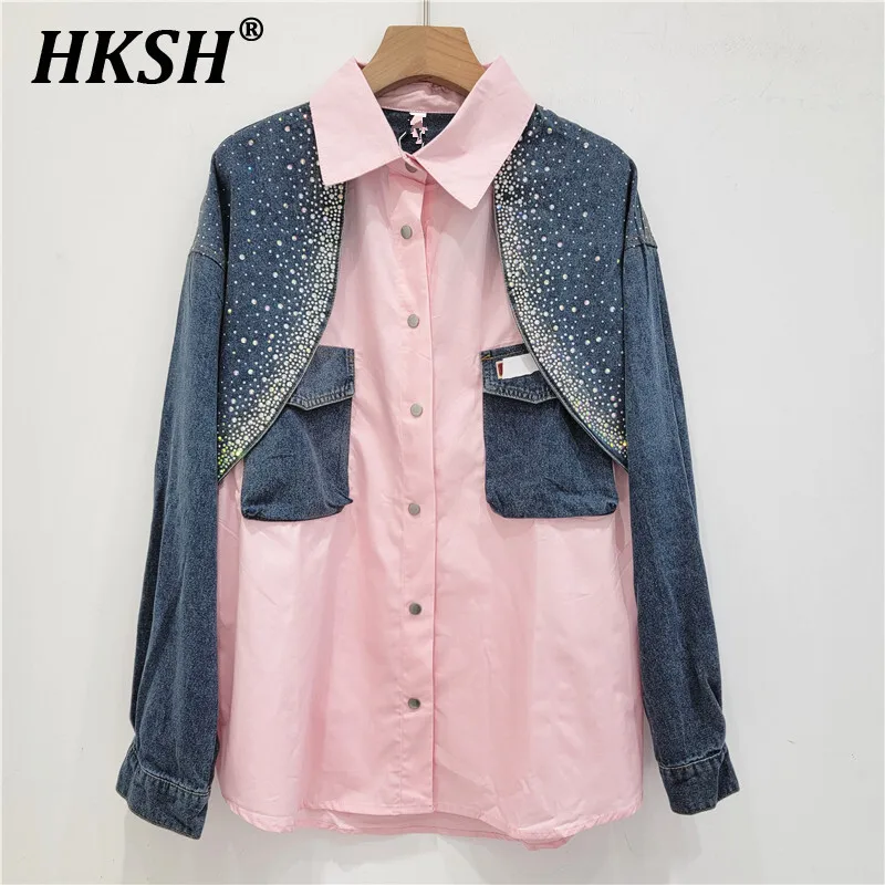 

HKSH Spring Summer New Women Tide Denim Patchwork Shirt Fashion Diamond Korean Version Loose Design Ins Small Shirt Tops HK5159