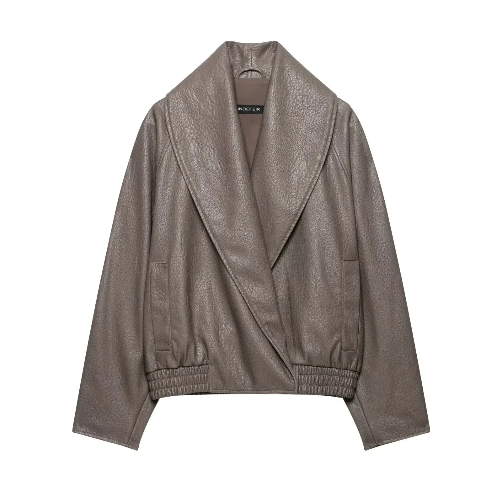 Autumn New Minimal Versatile Faux Leather Women Jacket Shawl Lapel Wrap Front Ribbed Hem Side Pockets Cropped Female Outerwear
