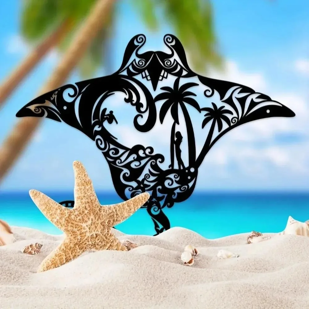 Coastal Charm Metal Manta Ray Wall Art - Decoración temática de playa con tabla de surf, ondas, estrella de mar y silueta de palma para sala de estar