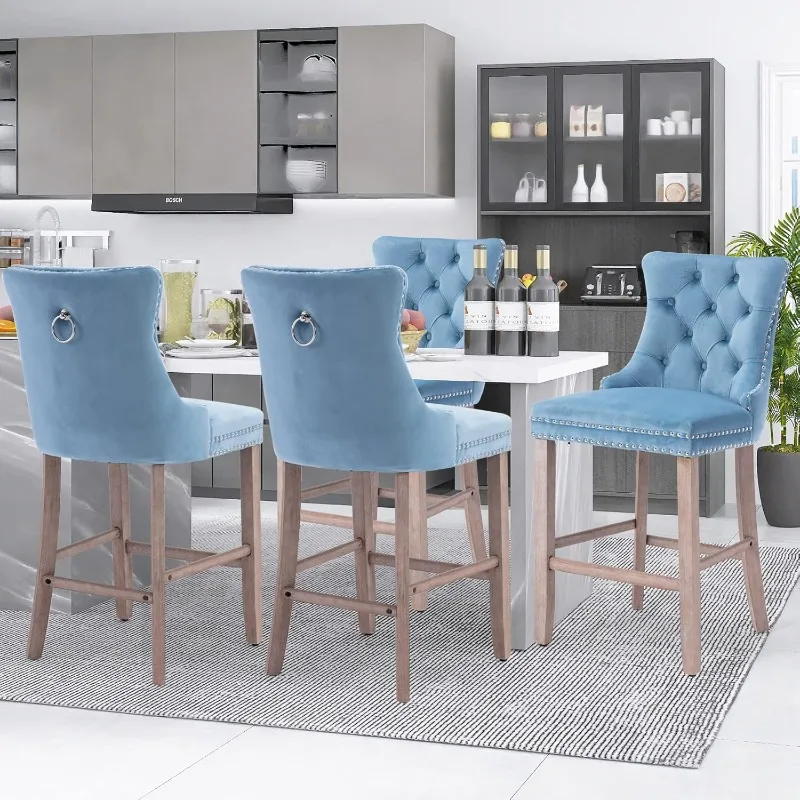 

Modern Velvet Upholstered Bar Stools Set of 4 with Wood Legs Button Tufted Chrome Nailhead Armless Bar Chairs (Sky-Blue)