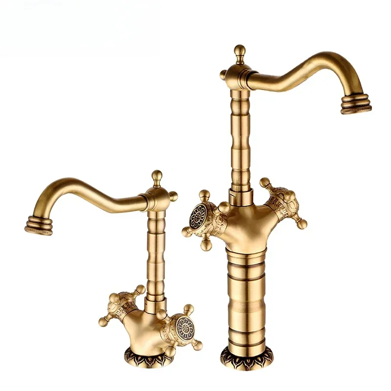 All-copper Double-handle Handwheel Basin Faucet Household Washbasin Table Basin Plus High Hot Cold Splash-proof Faucet