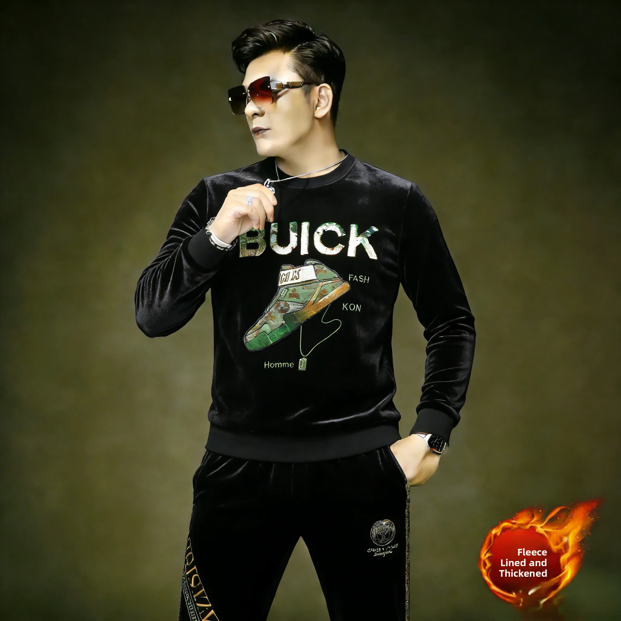 

Мужской утепленный вельветовый свитшот с круглым вырезом, модный, с вышивкой, теплый, повседневный, с длинными рукавами, стандартной длины