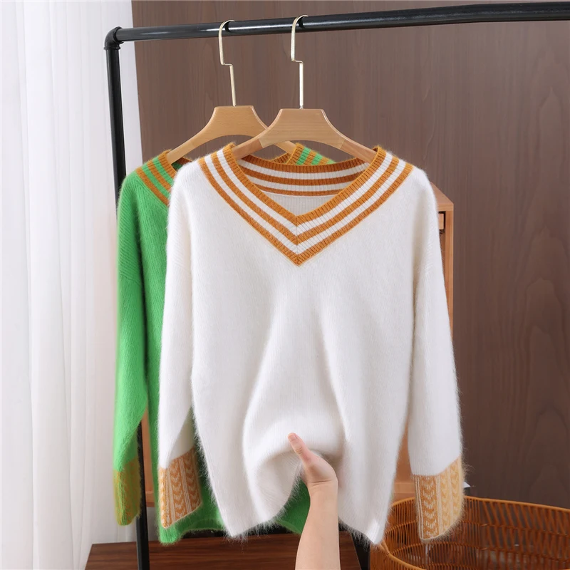 

Autumn Winter Women's Sweater Pullover 100% Mink Cashmere Knitwear V-Neck Loose Sleeve Casual Soft Warm Lazy Gently Designed Top