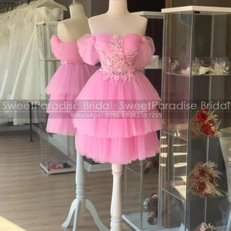

Appliques Short Prom Dresses Tiered A Line Off Shoulder Customized Pink Tulle Knee Length Cocktail Dress Party For Women