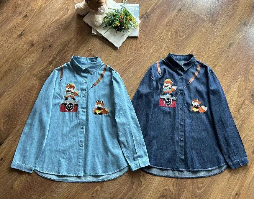 Japońska koszula dżinsowa z haftem w stylu Mori Girl, vintage, z motywem lisa, damska, wiosenna, z kołnierzykiem, długi rękaw, luźna bluzka codzienna.