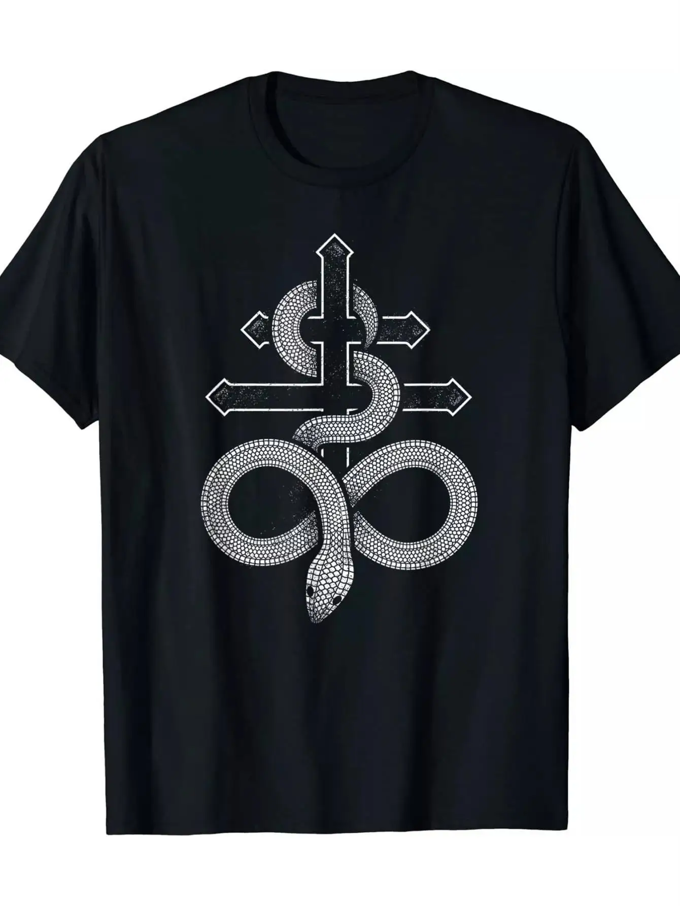Satanic Snake Leviathan Cross Occult Symbol T-Shirt Heavyweight Regular Fit Short Sleeve Tee with Digital Graphic Print for Men