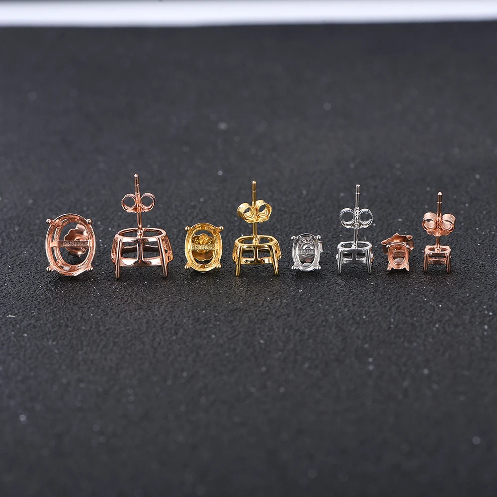 Oval 4-prong silvery Golden Rose golden color solid 925 sterling silver stud earring settings DIY jewelry supplies
