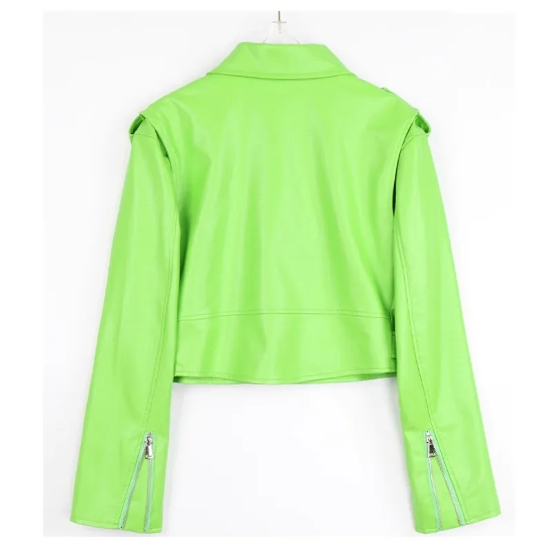 Spring Autumn Short Green Stylish Faux Leather Biker Jacket Women Zipper Long Sleeve Fashion Coat