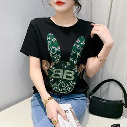 2023 New Summer European Clothes Cotton T-Shirt Sexy Shiny Diamonds Cute Letter Women Tops Short Sleeve Loose Casual Tees 33102