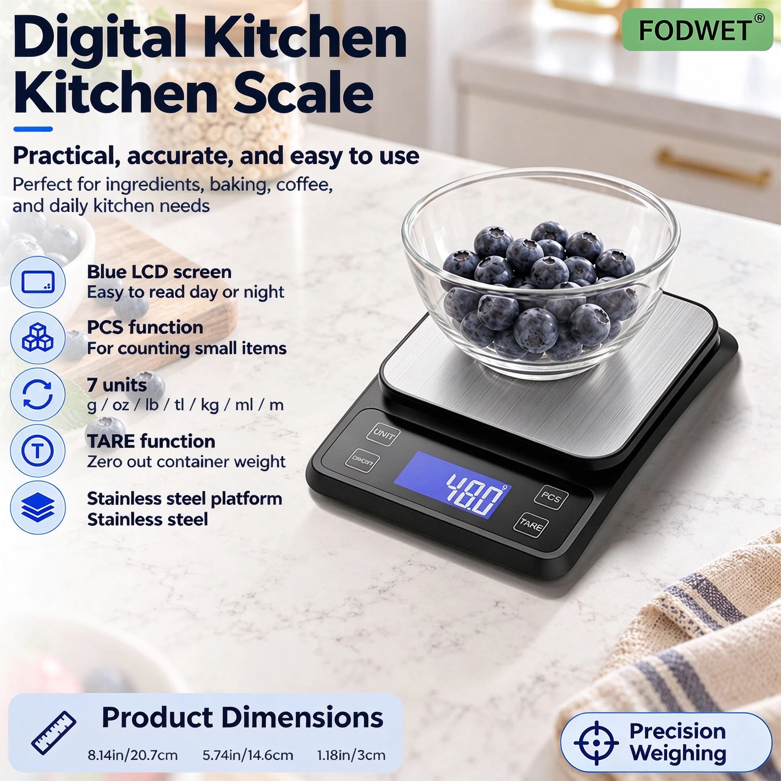 Fodwet Digital Kitchen Scale, Electronic Food Scale with Stainless Steel Weighing Platform, Supports 7 Unit Conversions, Tare Function, Precision Cooking and Baking Scale, Battery Not Included