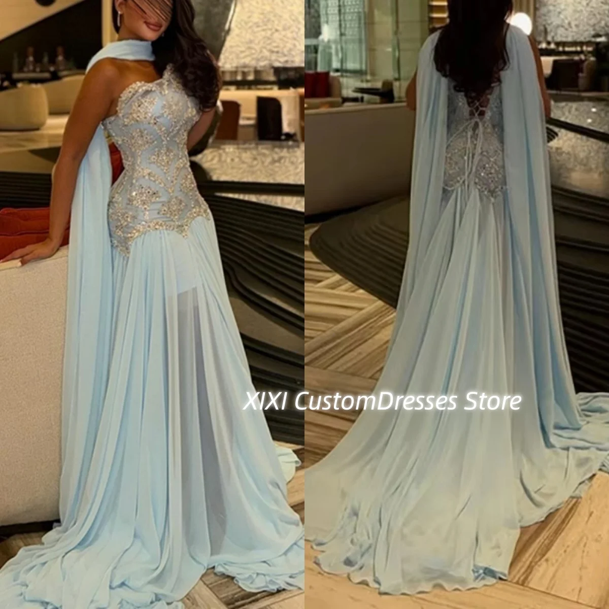

Customize فساتين سهرات A-Line Strapless Light Sky Blue Floor-Length Dresses For Prom Beadings Sleeveless Zipper Up Dresses