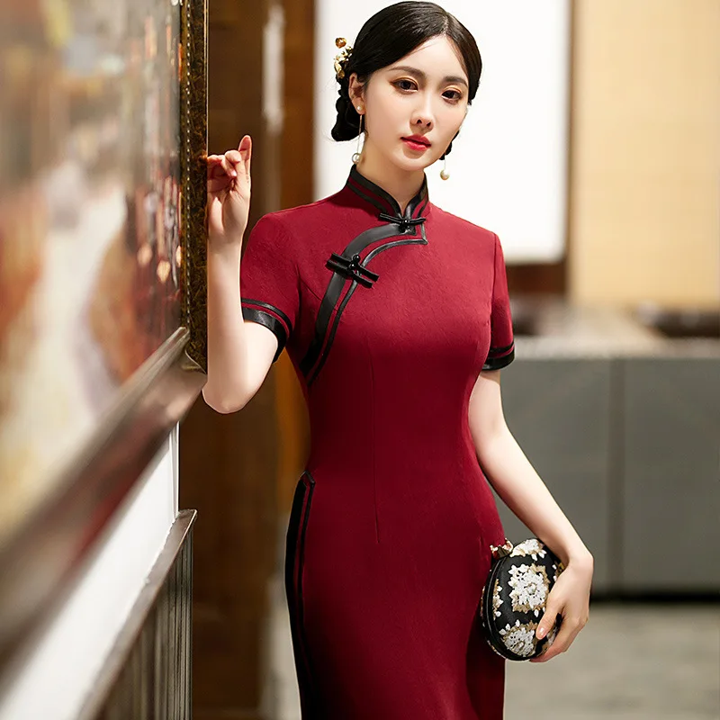 

Stand Collar Banquet Slim Dress Long Cheongsam With Buttons Daily Chinese Wedding Dresses Qipao Traditional Asian Vestidos