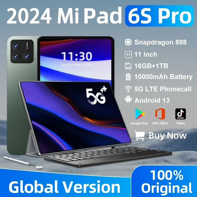 

2024 Originele Versie Pad 6S Pro Android 13.0 Tablet Pc Snapdragon 888 16Gb + 1Tb 10000Mah 5G Dual Sim Wifi Mi Tab