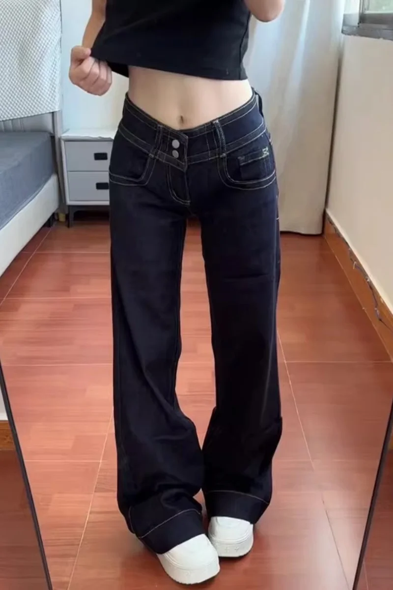 

Джинсы Y2K с двойной пряжкой на талии, женские, в американском стиле, не прилипающие к ногам, слегка расклешенные, универсальные, с низкой посадкой, прямые брюки