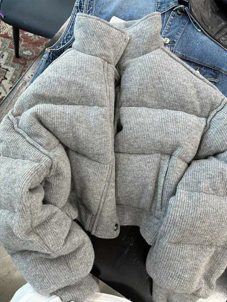 

2025 Winter Women Korean Fashion Vintage Parkas Y2k Stand Collar Coat Knit Outwear Thick Warm Crop Padded Jacket Design 2000s