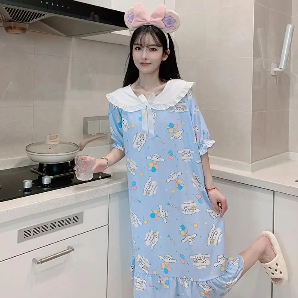 Anime Kuromi Nightdress Large Size Sanrio Kawaii Cinnamoroll My Melody Summer Girl Short Sleeve Mid Length Cotton Pajamas Loose