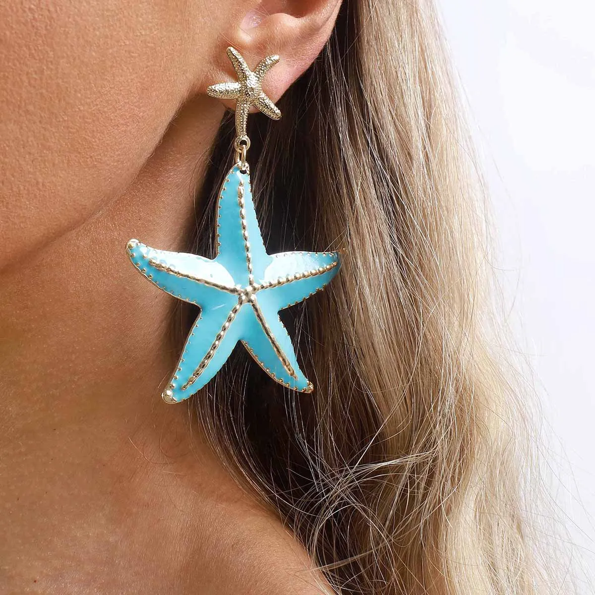 Sky Blue Enamel Starfish Dangle Earrings Gold Border Textured Marine Life Jewelry Tropical Island Summer Vacation Accessories