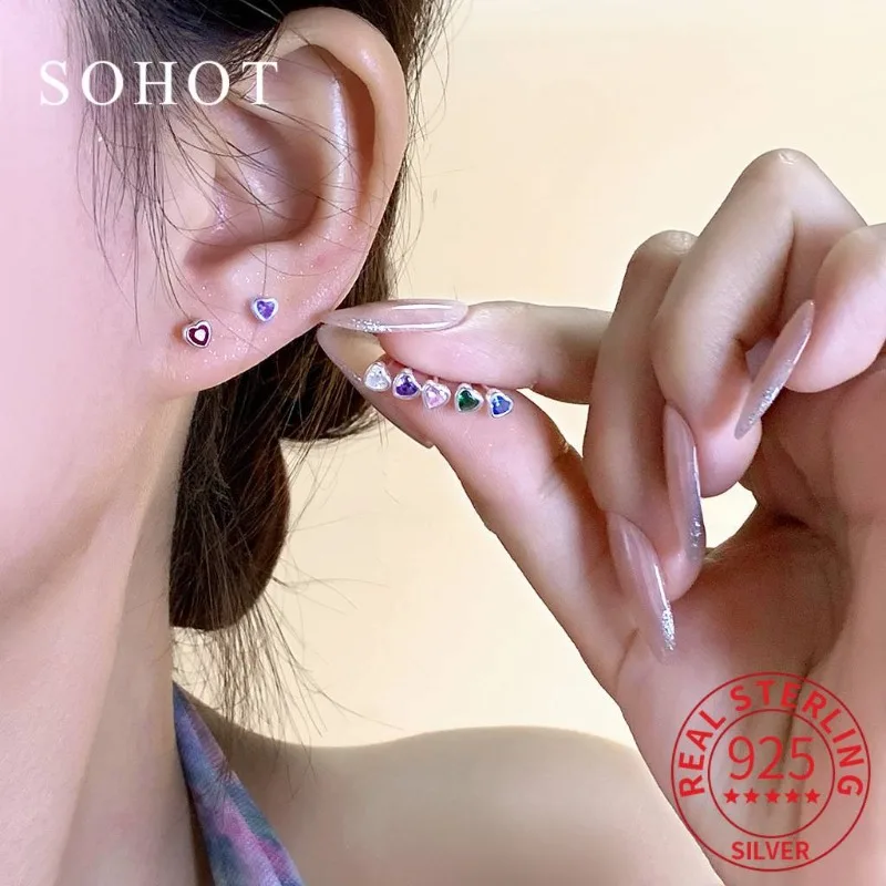 

Real 925 Sterling Silver Colorful Heart Zircon Mini Stud Earrings for Women Cute Fine Jewelry Ear Hole Care Accessories