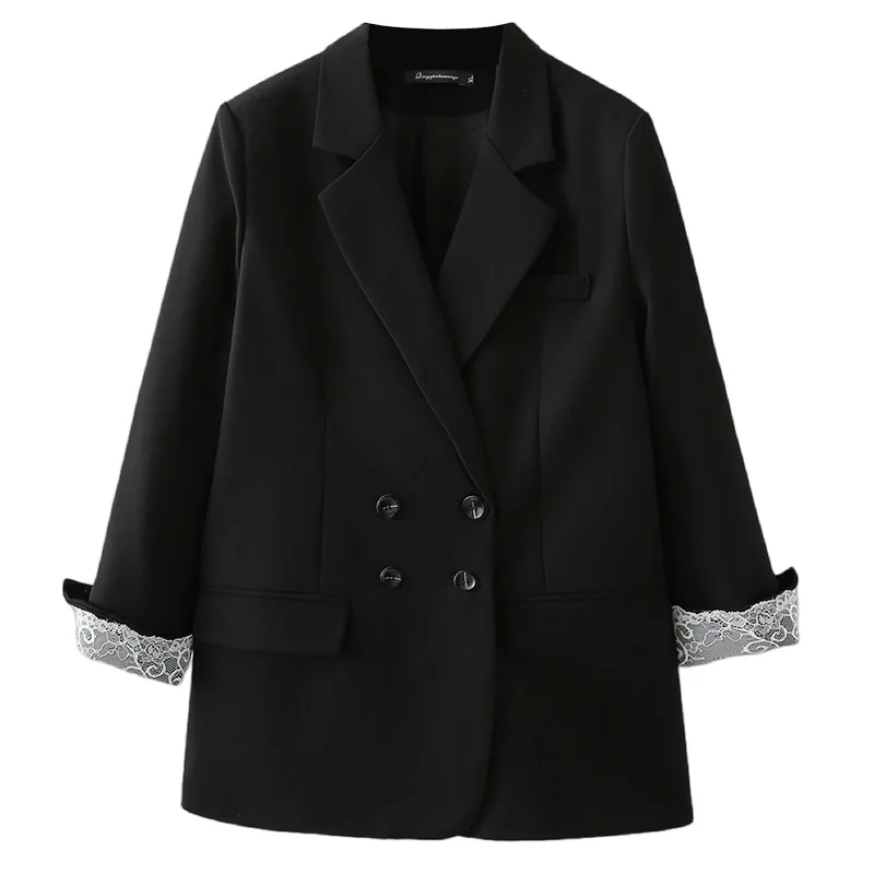 

XXXXL модный женский пиджак больших размеров, осенний новый повседневный двубортный пиджак с закатанными кружевными манжетами 2515