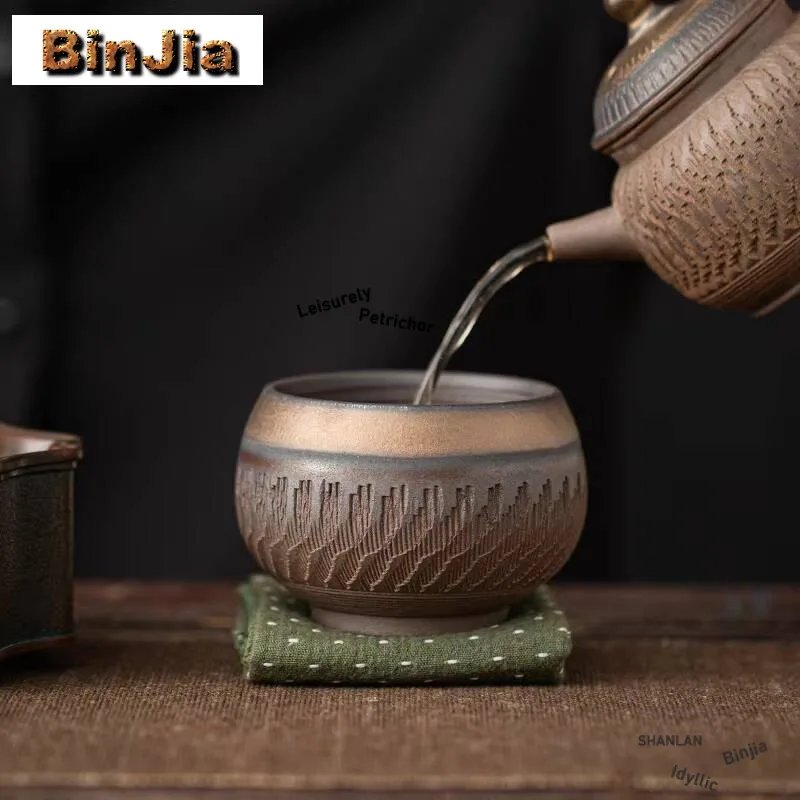 Retro Gilded Iron Glaze Ceramic Teacup Handmade Jumping Knife Pattern Master Cup Tasting Tea Bowl Pair Coffee Mug Meditation