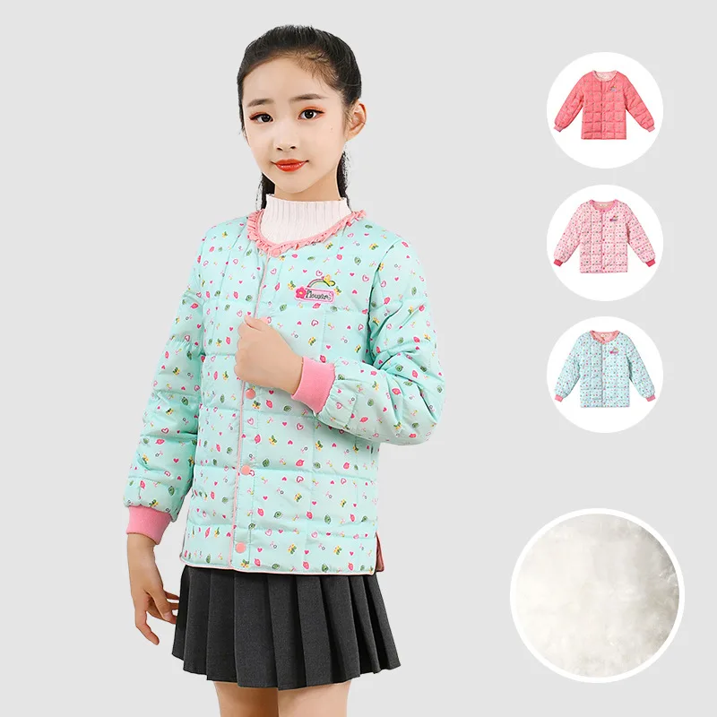 Winter 4-14Y Girls Internal Down Coat Round Collar All Over Printed Kid Girl Overcoat Sweet Style Skinny Warm Toddler Girls Coat