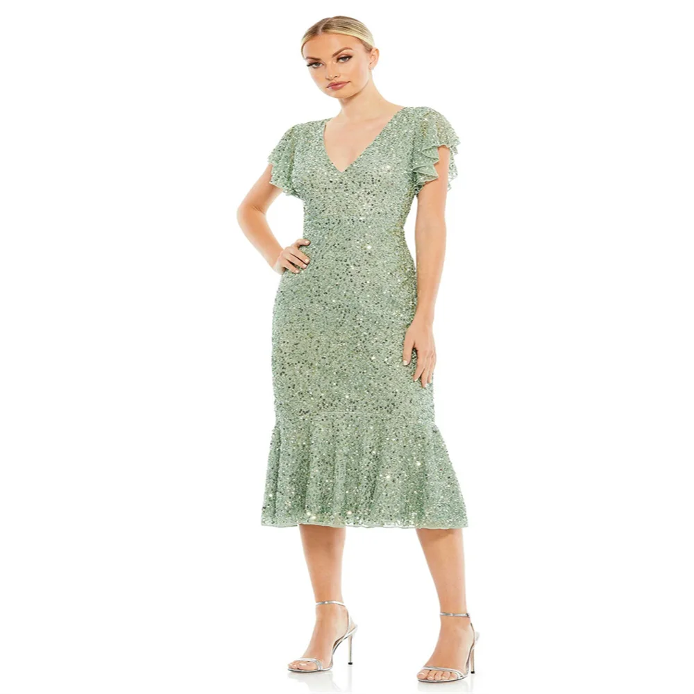 Robe classique à taille large pour femme, robe élégante pour mère de la mariée, col en V, manches courtes, longueur de thé, fermeture à glissière au dos, paillettes pour la fête de mariage