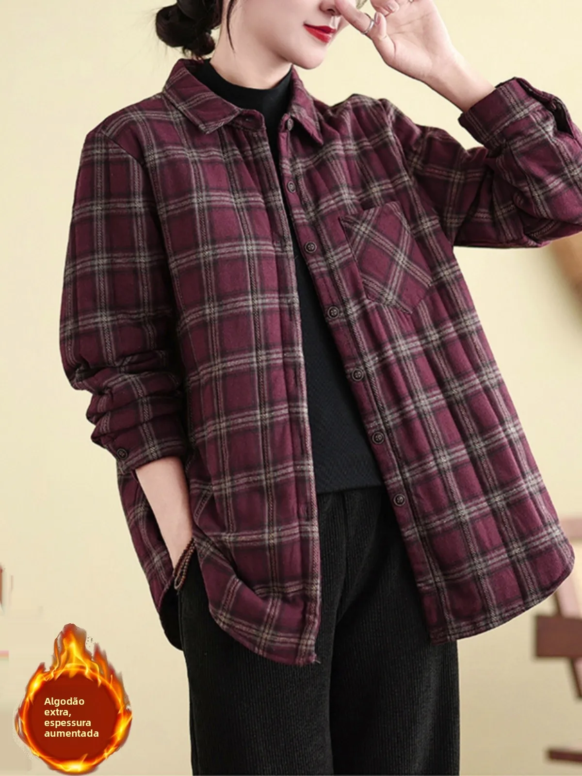 

Retro Plaid Cotton Shirt Jacket Women's Loose Thickened Casual Warm Collar Cotton Coat Long Sleeve Collar Winter Outerwear