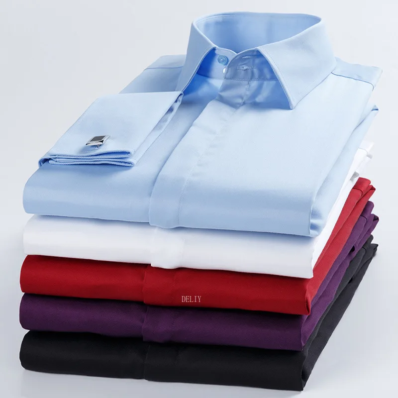100% Cotton Men's French Covered Button Shirt Men's Non-ironing Cufflink Shirt Long Sleeve Turtleneck Business Dress Shirt