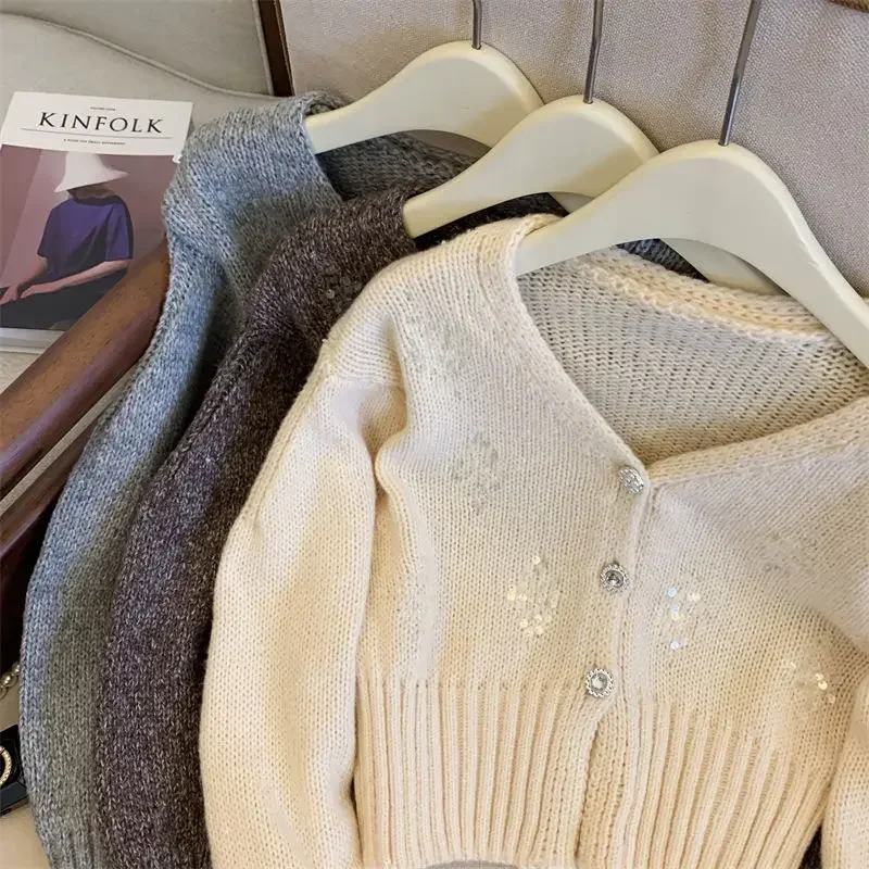 Nowy Vintage cekiny sweter damski dzianinowy wełniany dekolt w serek z długim rękawem jednorzędowy krótki sweter płaszcz kaszmirowy dzianinowy top