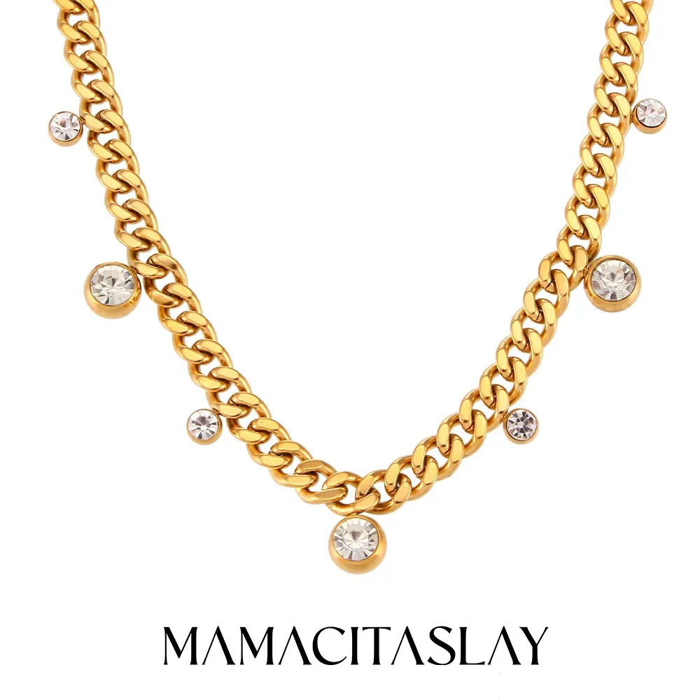 MamacitaSlay Trendy Round Zircon Gold Plated Cuban Chain Necklaces Adjustable Stainless Steel Choker Necklaces for Women Party