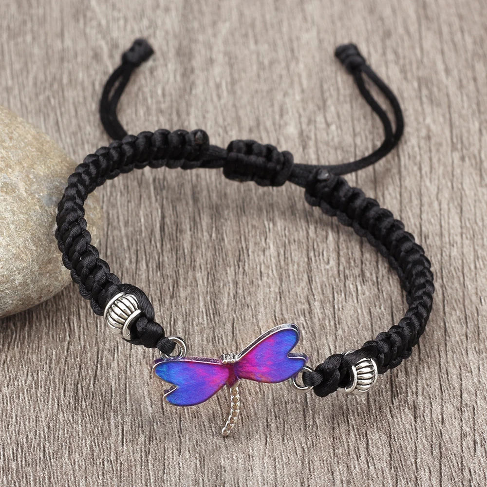 Vintage Purple Dragonfly Pendant Braided Bracelets Handmade Adjustable Bangles For Women Men Yoga Healing Meditation Jewelry