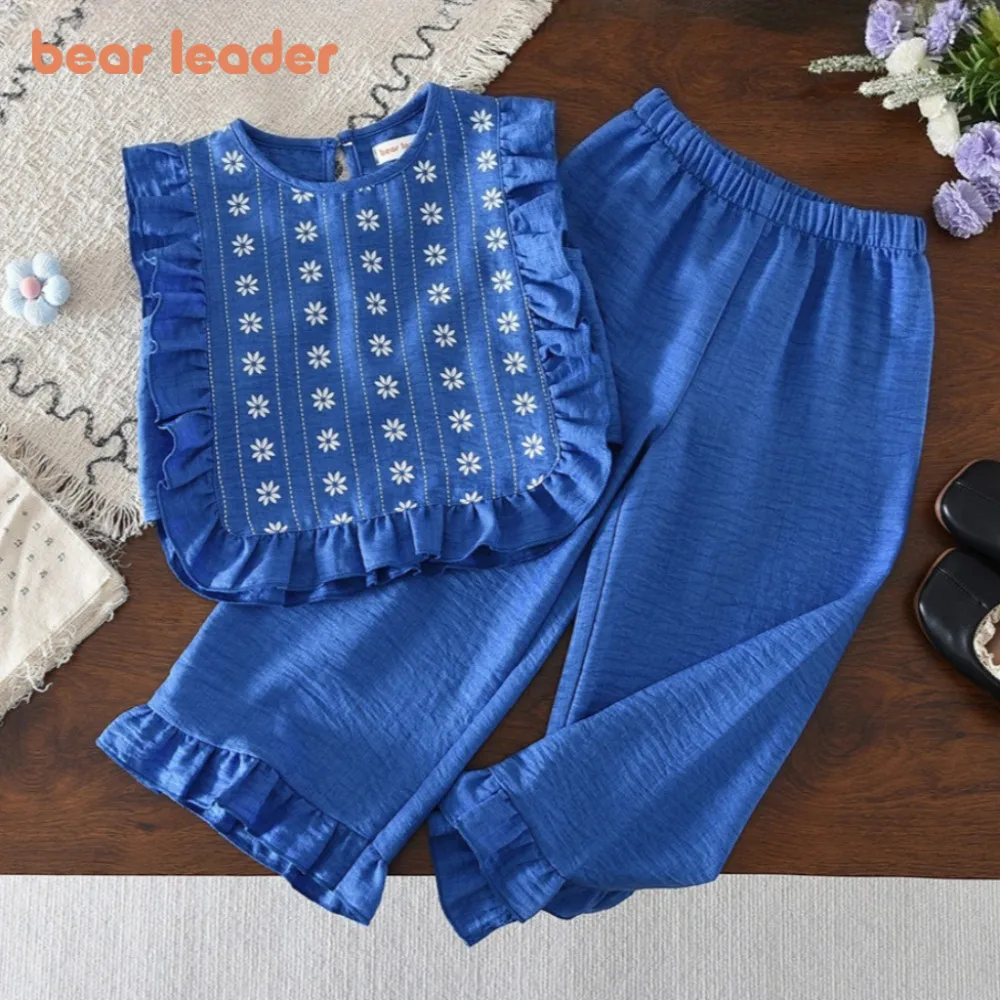 Bear Leader Korean Version Blue Children's Clothing Girls' Set Summer Flower Print Sleeveless Top + Casual Pants Two-piece Set