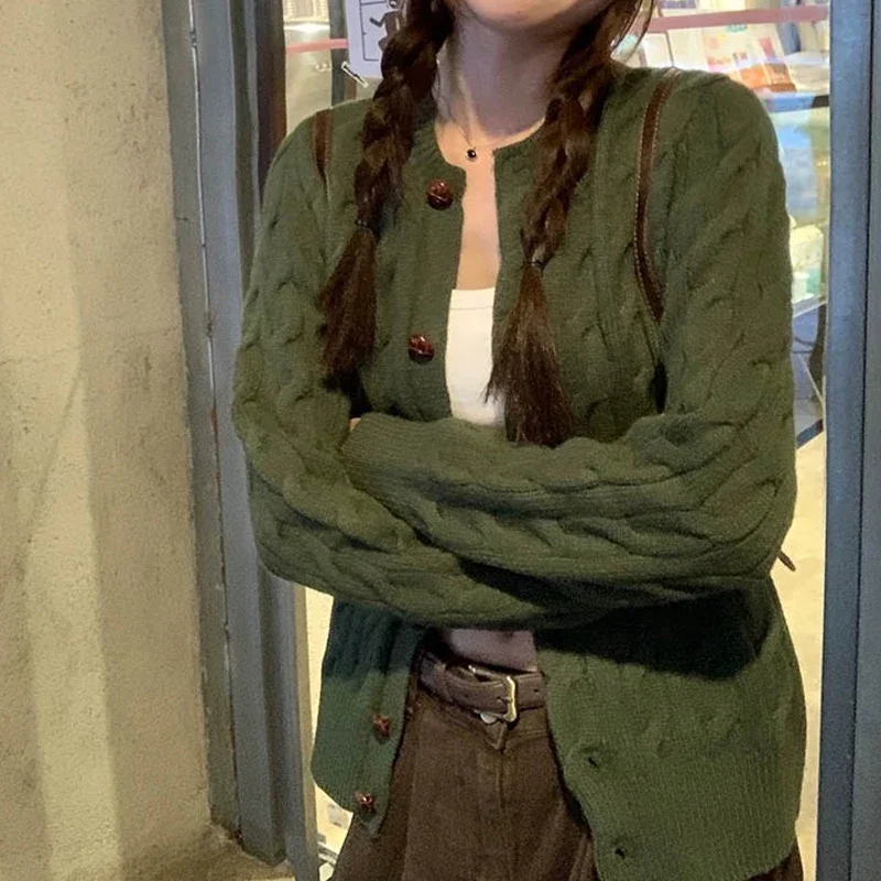 NUOVO cardigan accogliente lavorato a maglia con bottoni in stile retrò coreano chic da donna autunno o-collo a maniche lunghe lavorato a maglia giacca maglione morbido