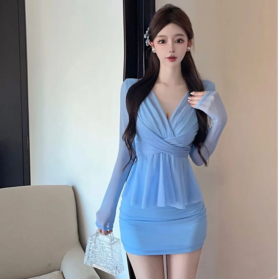 Sexy v-ne longo sve cintura-cinch bodycon ort dr feminino novo sle outono faion única camada de base saia