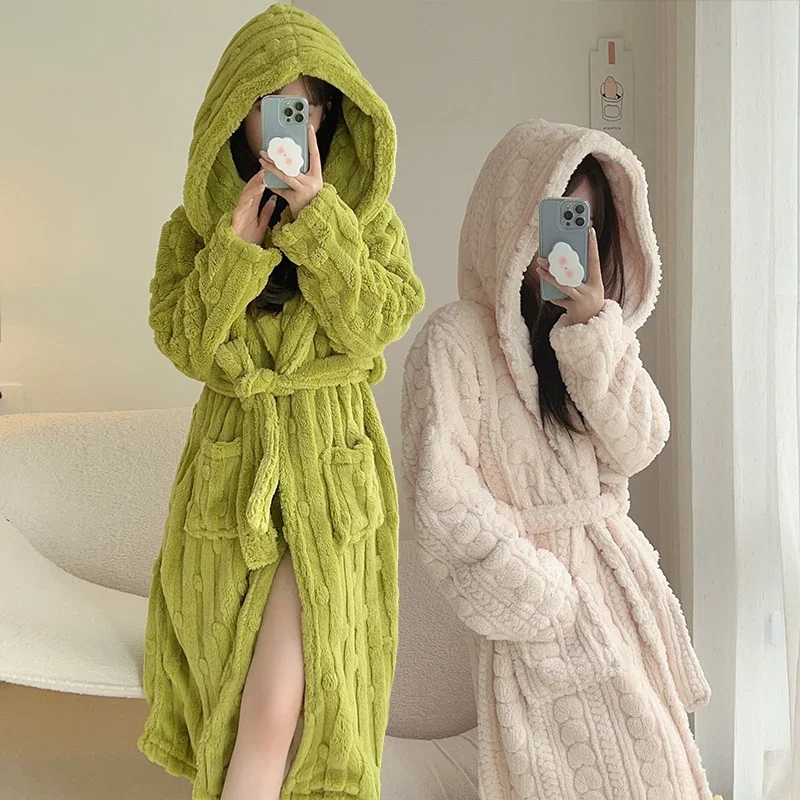 2023 Winter Long Sleeve Hooded Thick Warm Flannel Kimono Robes for Women Coral Velvet Bathrobes Sleepwear Nightdress Night Dress