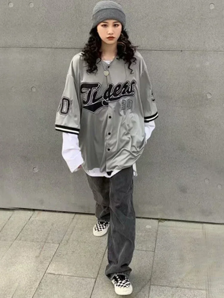 ADAgirl Baseball Oversize Blouse Women Streetwear Hip Hop Short Half Sleeve Shirts Girl Vintage Printed Korean Style Femme Tops