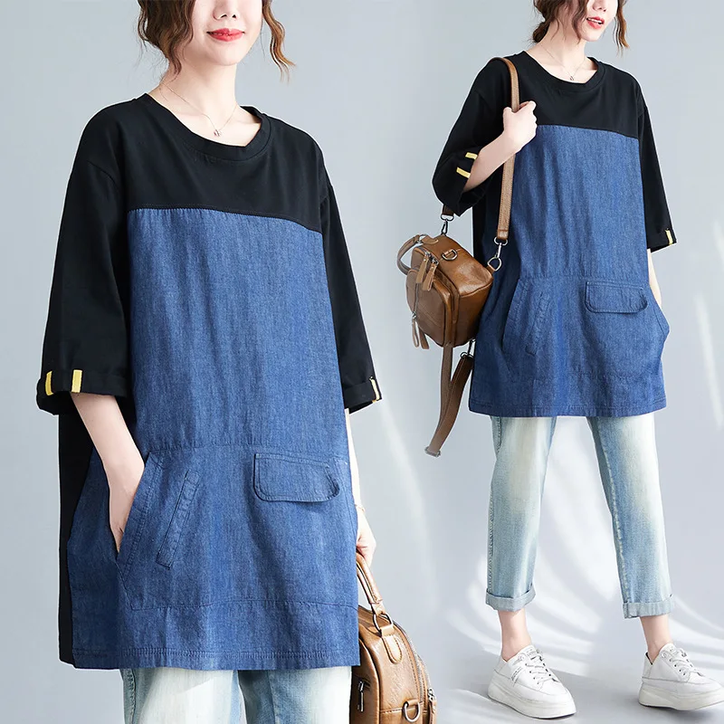 

160Kg Large Size Women's Bust 160 Summer Loose Denim Colorblock Top Short-Sleeved Round Neck T-Shirt Black 6XL 7XL 8XL 9XL 10XL