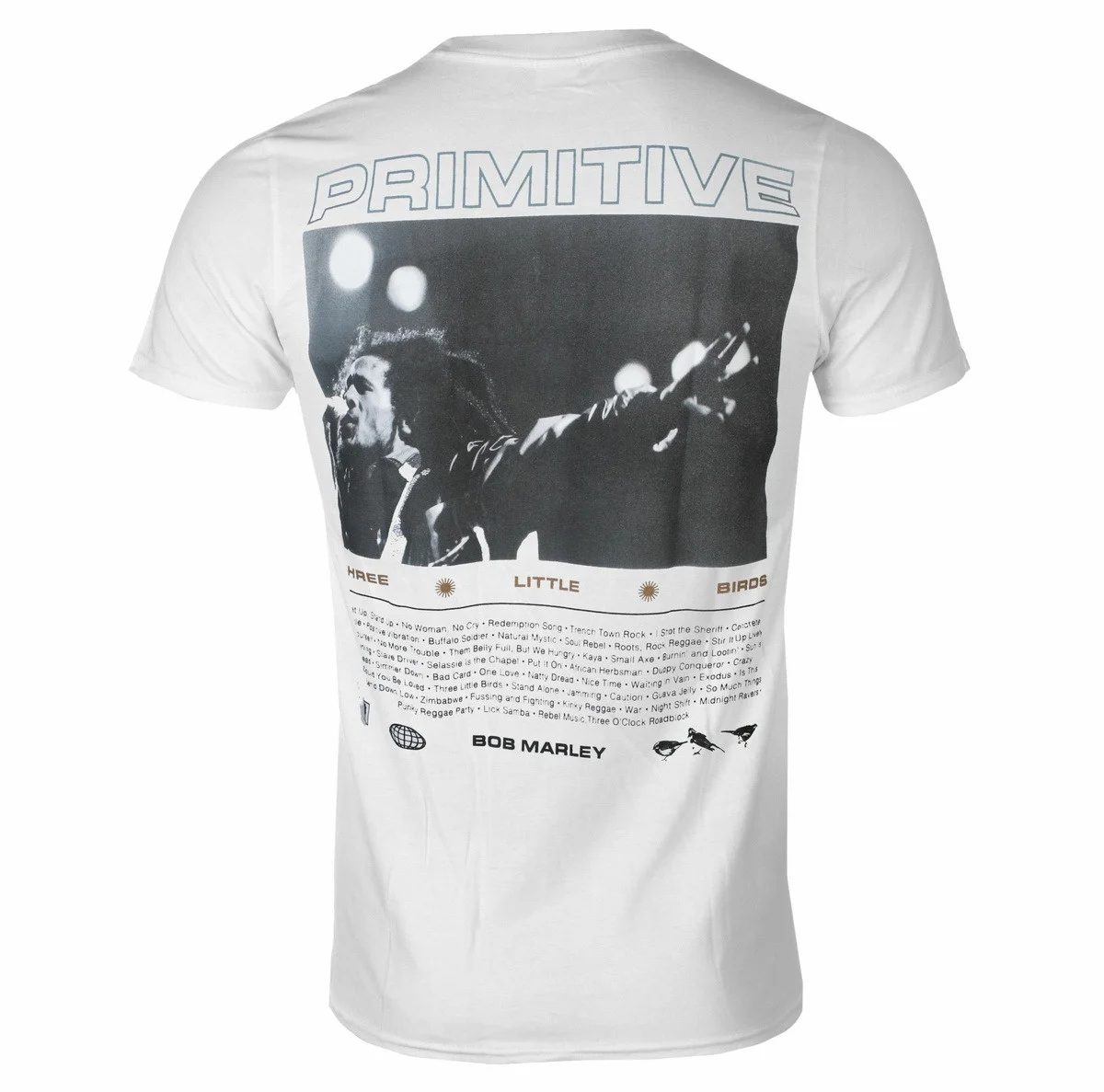 2026 Reggae Co‑branded Streetwear Short Sleeve Top Primitive Bob Marley Three Little Birds Front Bird Logo Back Live