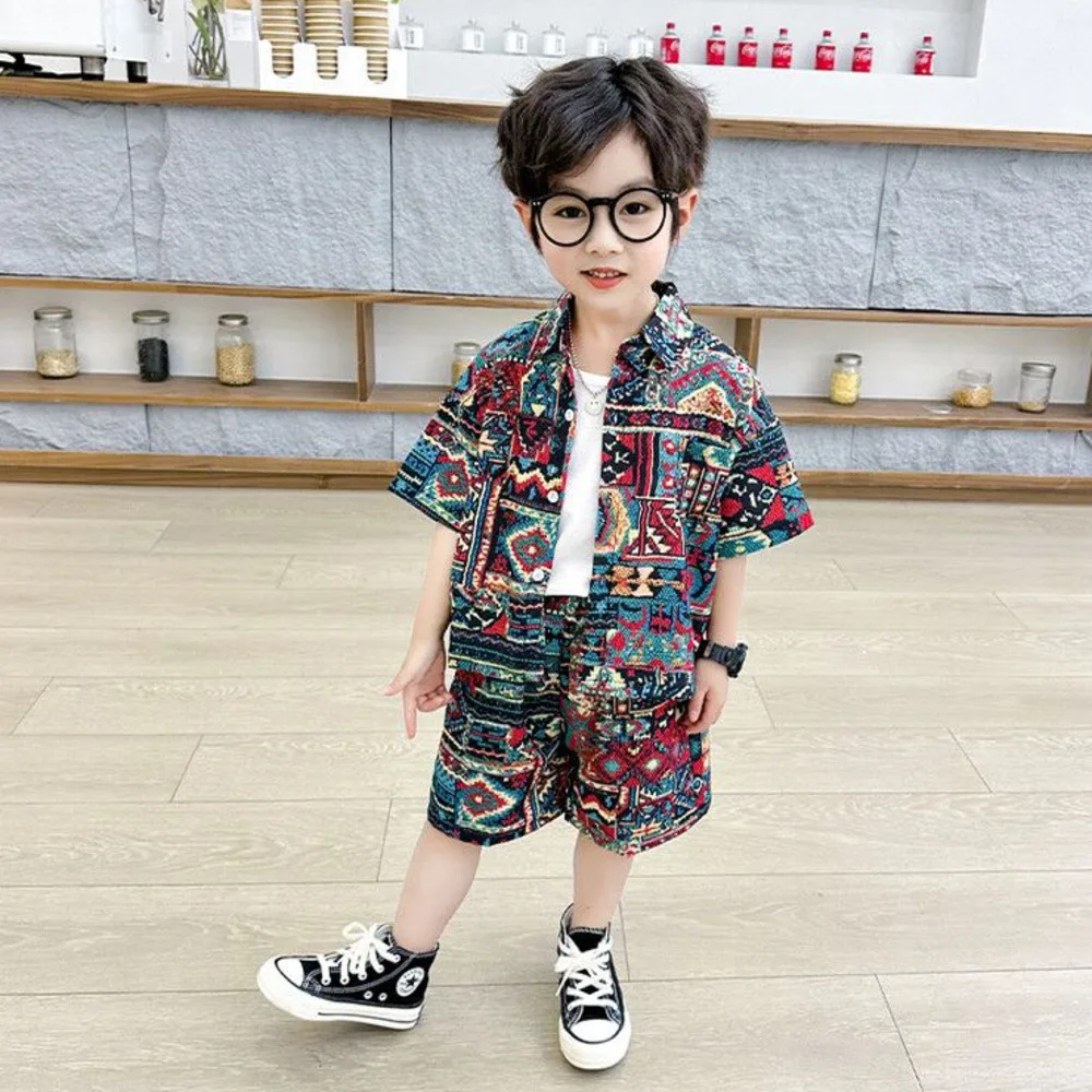 

Boys' Sets Shirt Shorts Two-piece Summer Retro Suits 2024 New Bohemian Style Children's Handsome Fashion Colorful Clothes