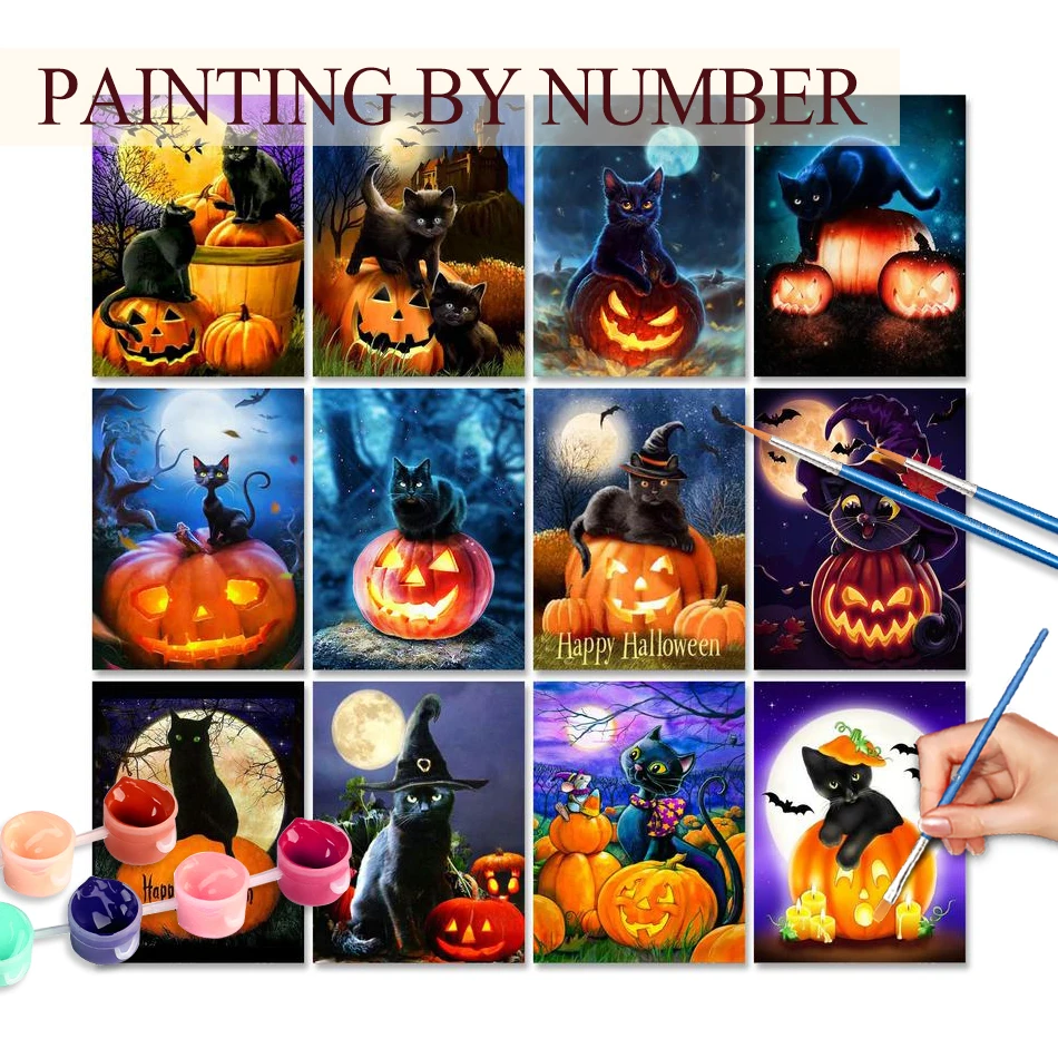 

GATYZTORY Acrylic Painting By Numbers Animals Pumpkin Black Cat Picture Drawing For Adults Kids Diy Gift Handicrafts Wall Art