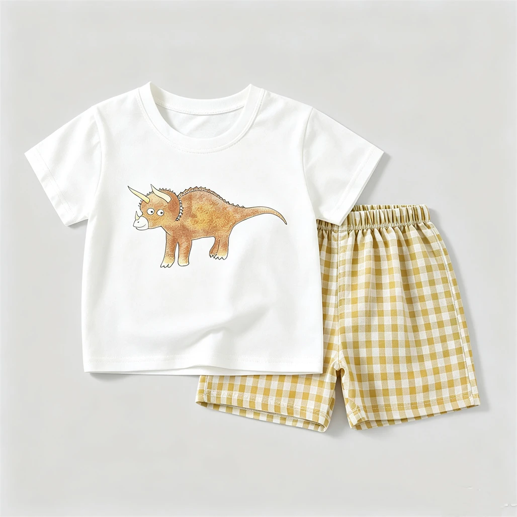 Dinosaur Print TShirt Summer Clothing Fashion Tees Plaid Shorts 2Piece Set 1-6Years Old Kids Short-sleeved Outfits New Wear