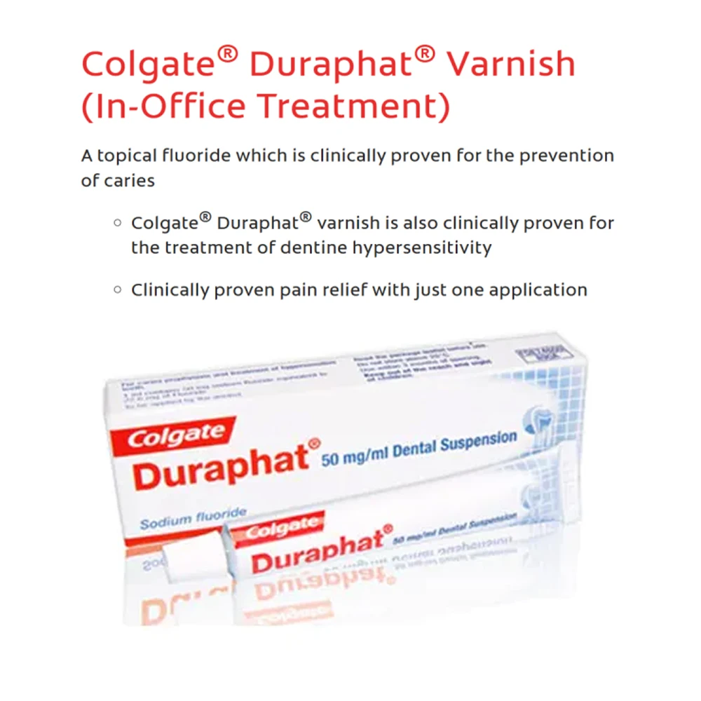 

Colgate Duraphat Varnish In-Office Treatment 22600 Ppm Dental Suspension Liquid Fluoride Prevention Teeth Caries Pain Relife Kid