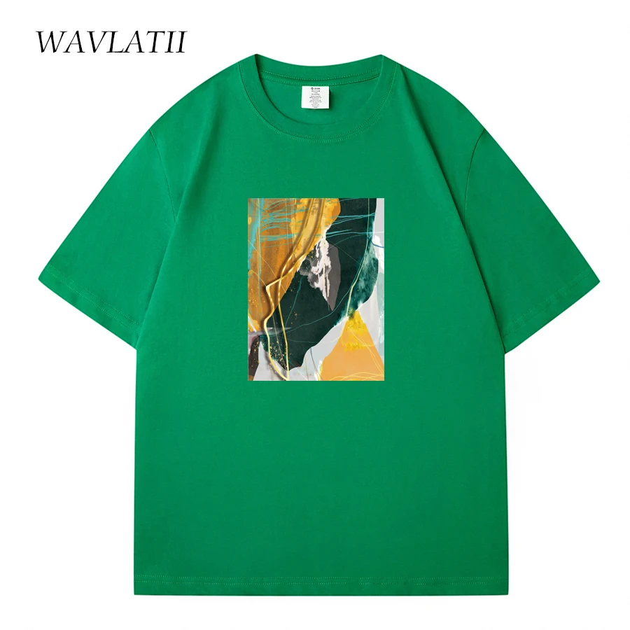 WAVLATII New Women Fashion Oversized Cotton T shirts Female Abstract Printed Streetwear Tees Lady Dark Green Summer Tops WT2323