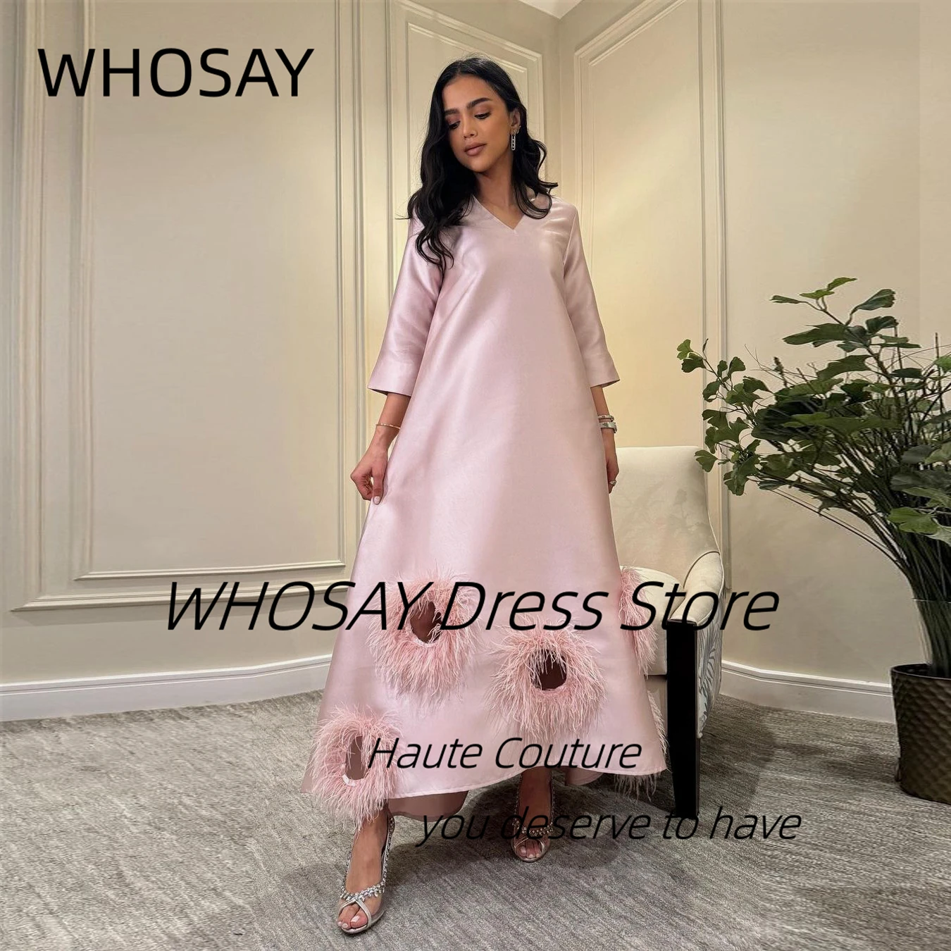 WHOSAY Customized Feathers Prom Dresses V Neck Long Sleeves Evening Gowns Zipper Back Formal Occasion Saudi Party Dress