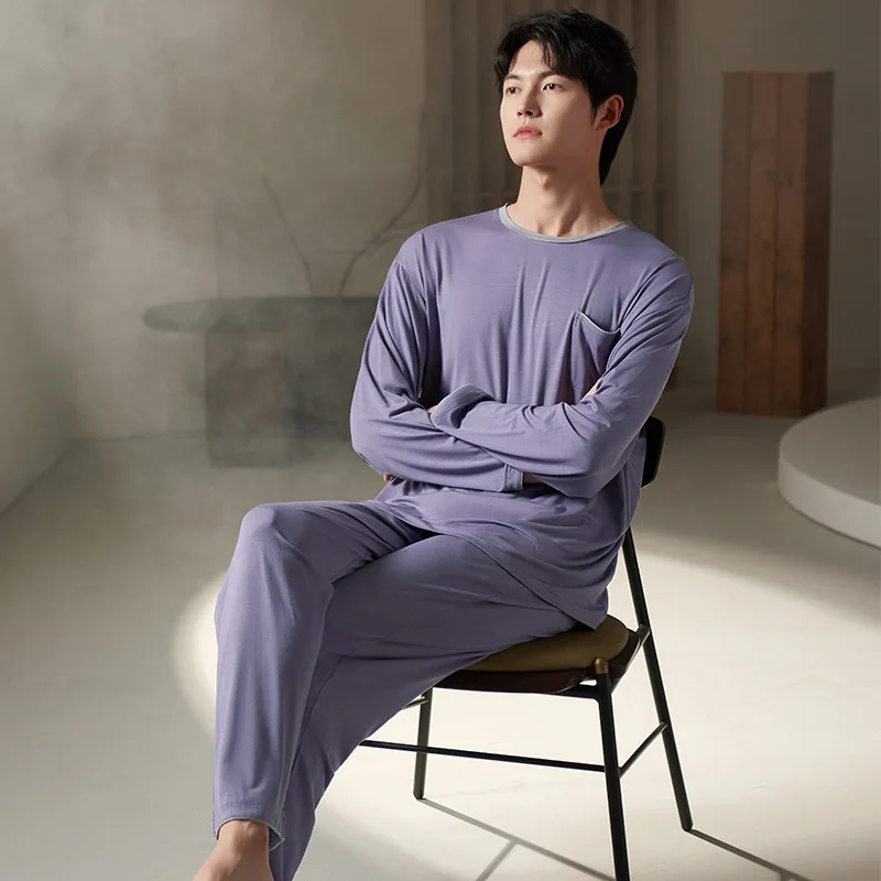 Pajamas Set Male Soft Modal Simple Solid Color Fashion Men Long Sleeve Long Pants Sleepwear Suit Spring Home Clothes Lounge Gift