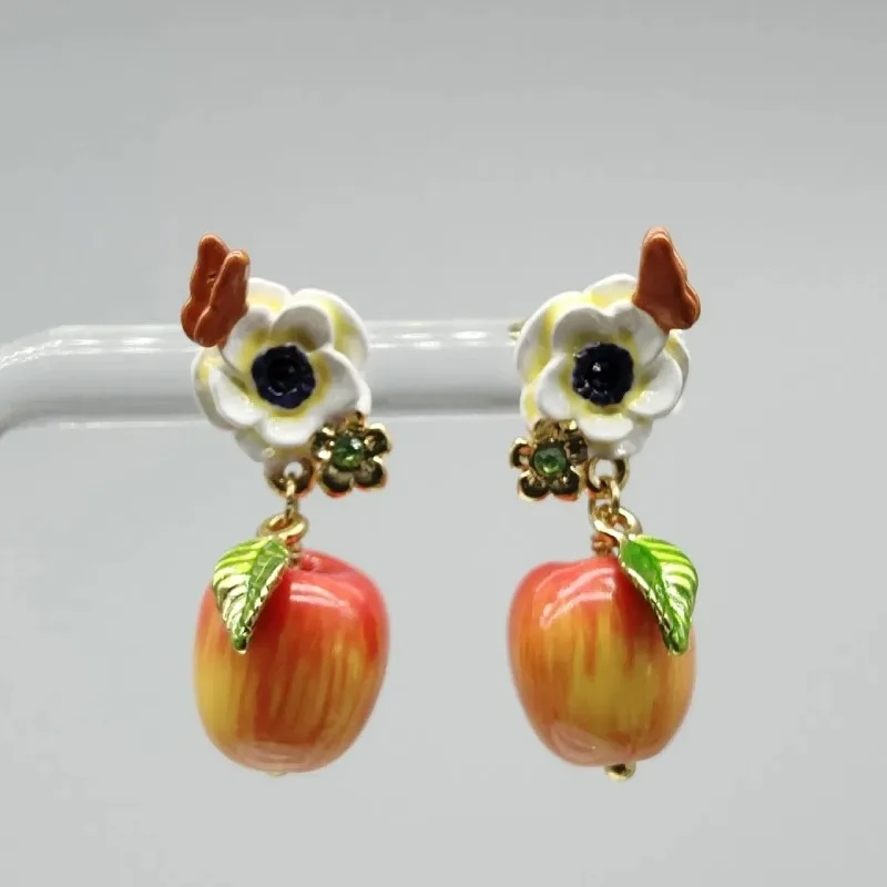 

New Trendy Forest French Countryside Enamel Red Apple Flower Stud Earrings Fresh Sweet Autumn Fruit Blossom Hanging Ear Piercing