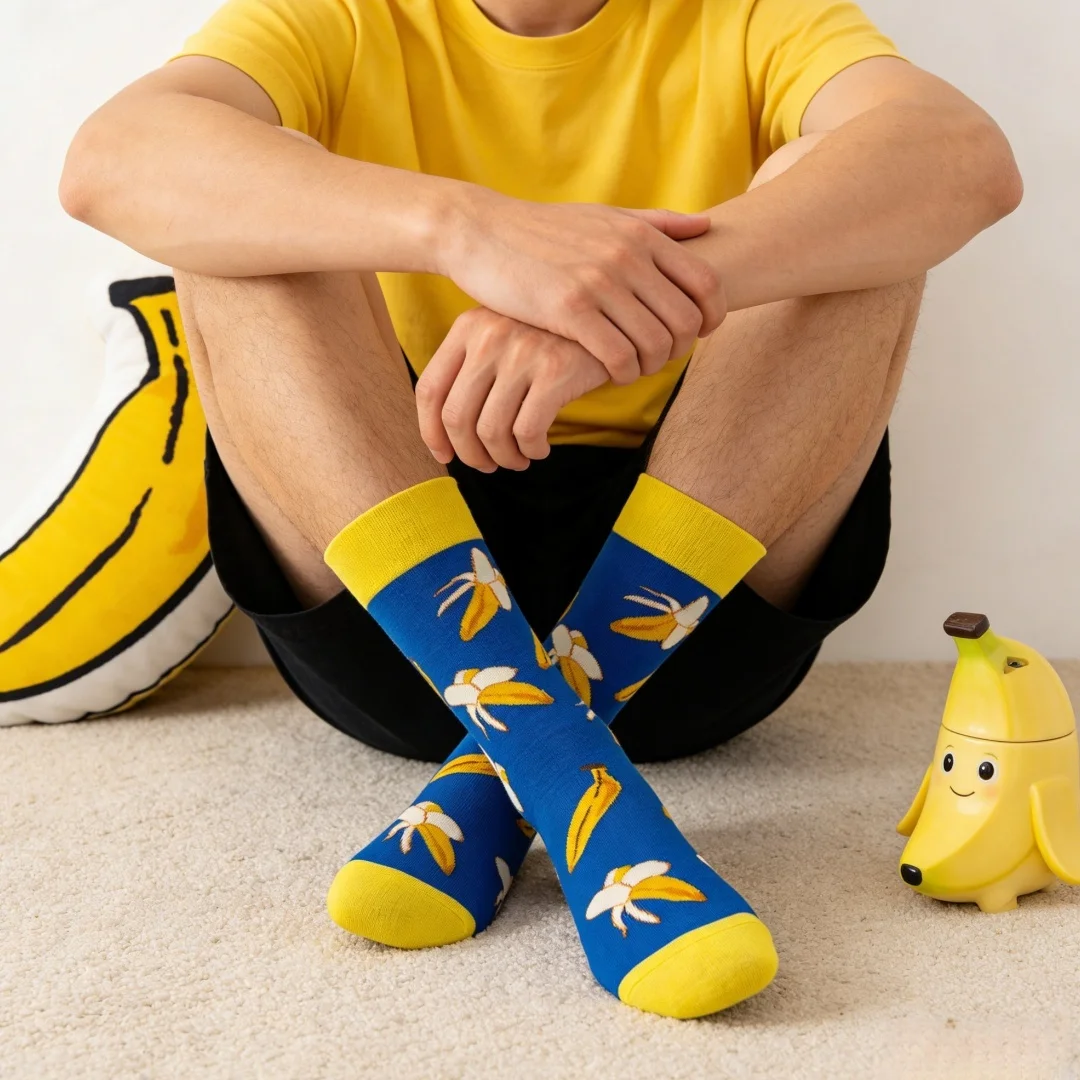 

1 пара ярких модных носков с желтым и синим банановым принтом, стиль унисекс, подходит для всех сезонов
